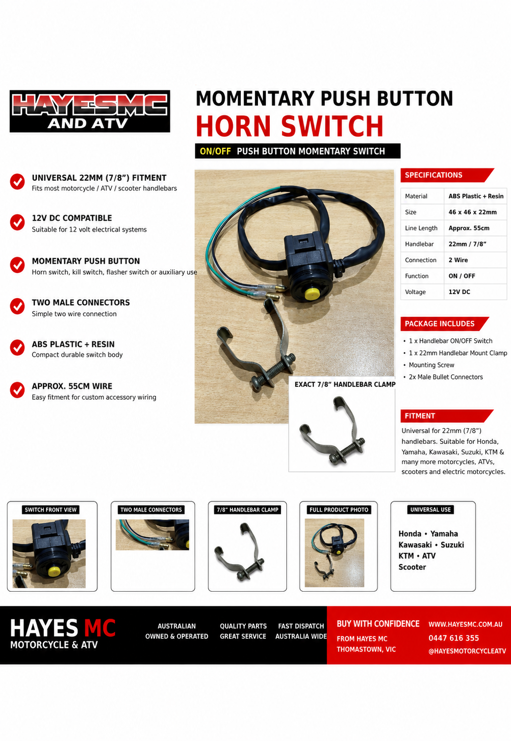 Universal 12V Momentary Push Button Horn Switch | 22mm (7/8”) Motorcycle Handlebar Switch